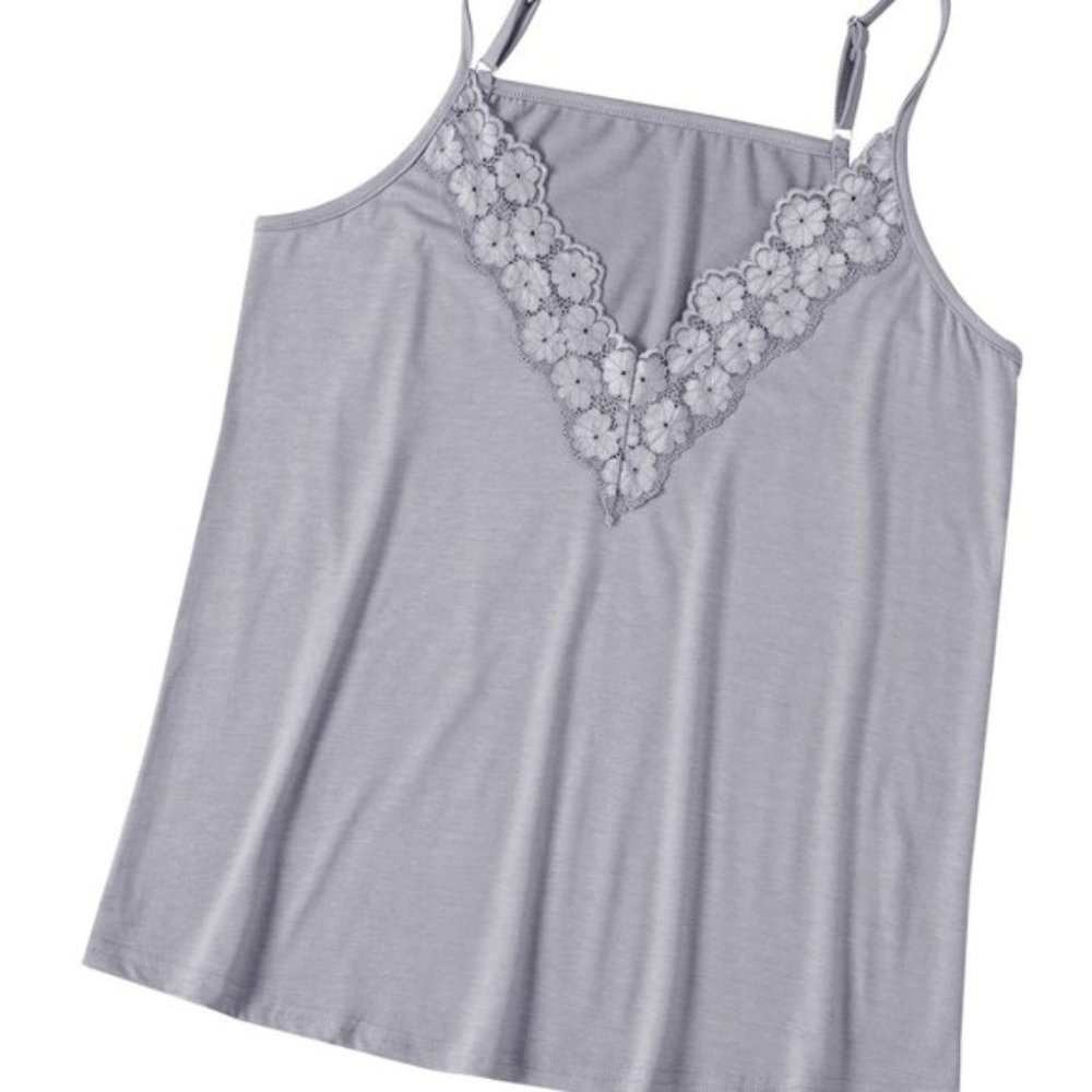 Delicate Floral Lace V Neck Spaghetti Strap Tank Top Light Gray - Picture 10 of 14